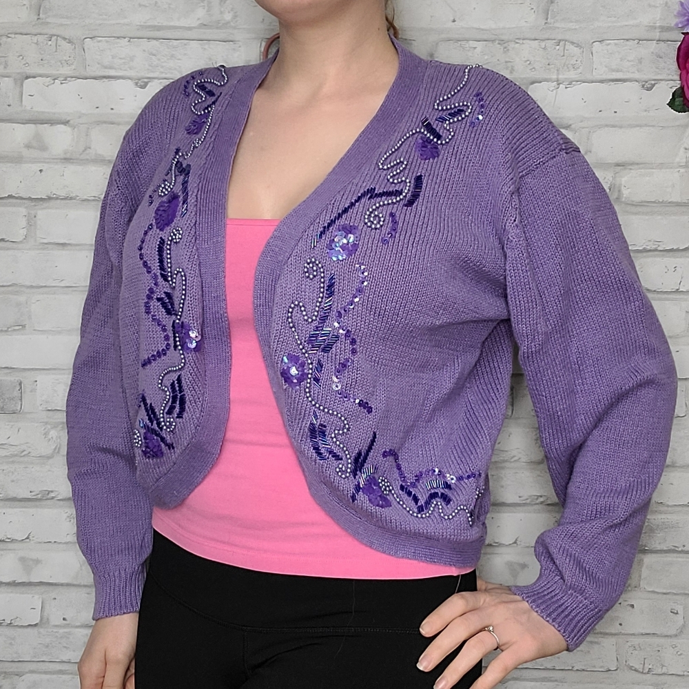Vintage Purple Beaded Sequin Knit Cardigan Grandmacore - Picture 4 of 12